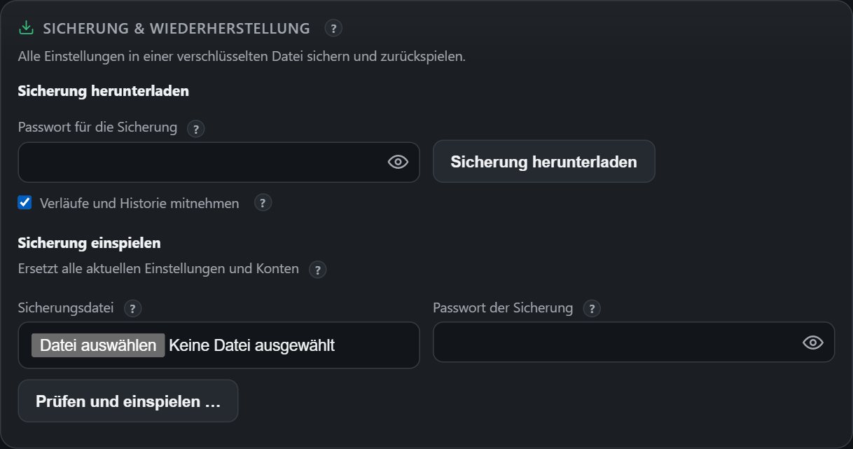Sicherung und Wiederherstellung in den Einstellungen